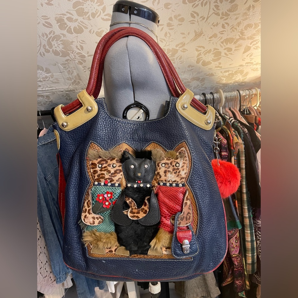 Vintage Handmade Brazilian Leather Boho Appliqué 3D Cats Tote Shoulder Bag